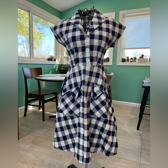 Vintage Style Navy/White Gingham Shirt Dress - Picture 2 of 11